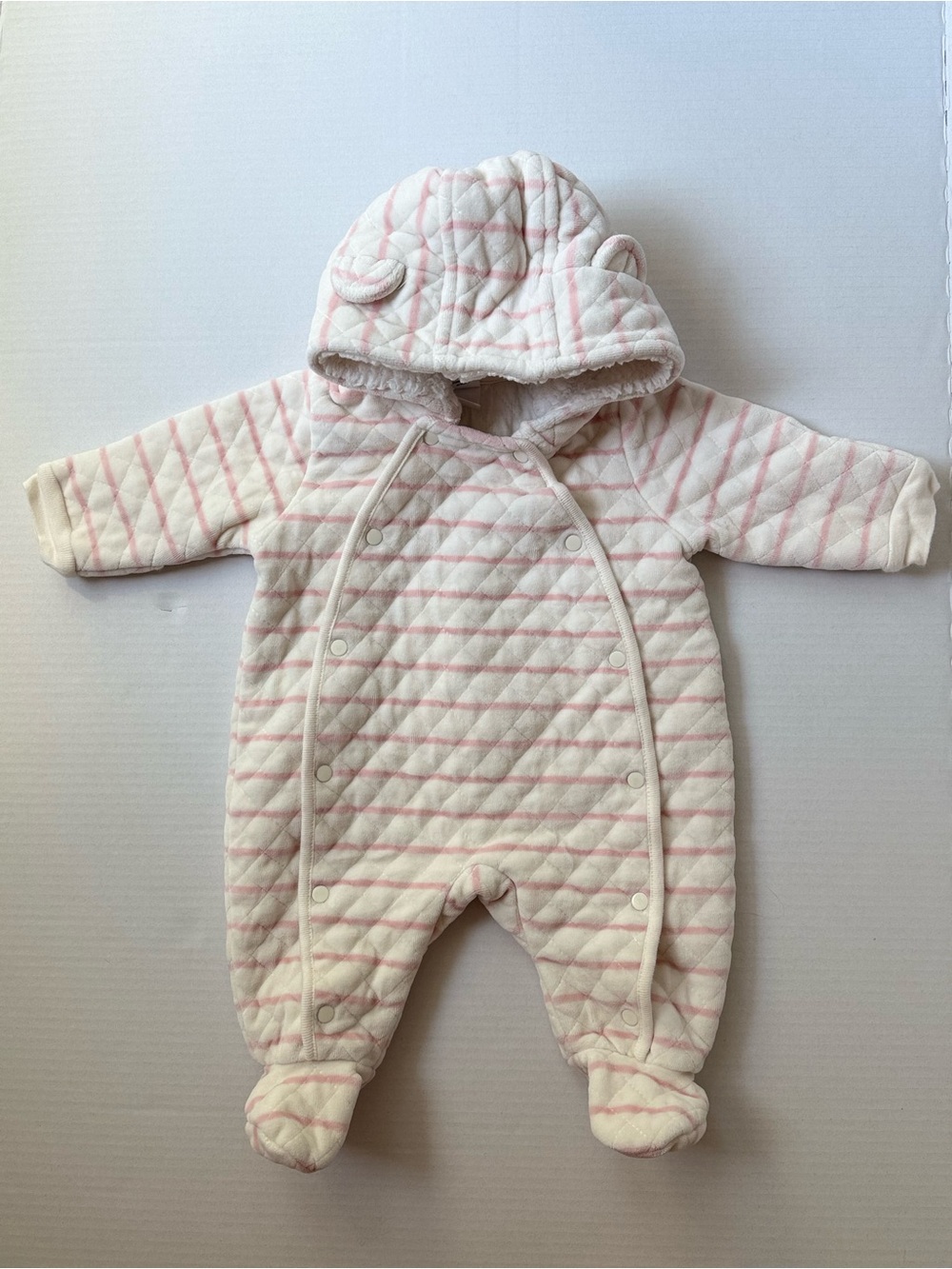Nordstrom Baby Girl 3 Month Pink Striped Quilted Bear Ear Fleece Hooded Bunting